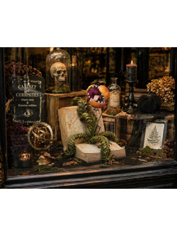 Livre ancien avec plante carnivore en résine – Décoration Halloween chic et cabinet de curiosités
