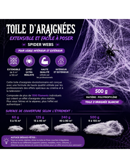 Toile d’araignée Halloween blanche 500 g – extensible jusqu’à 155 m²