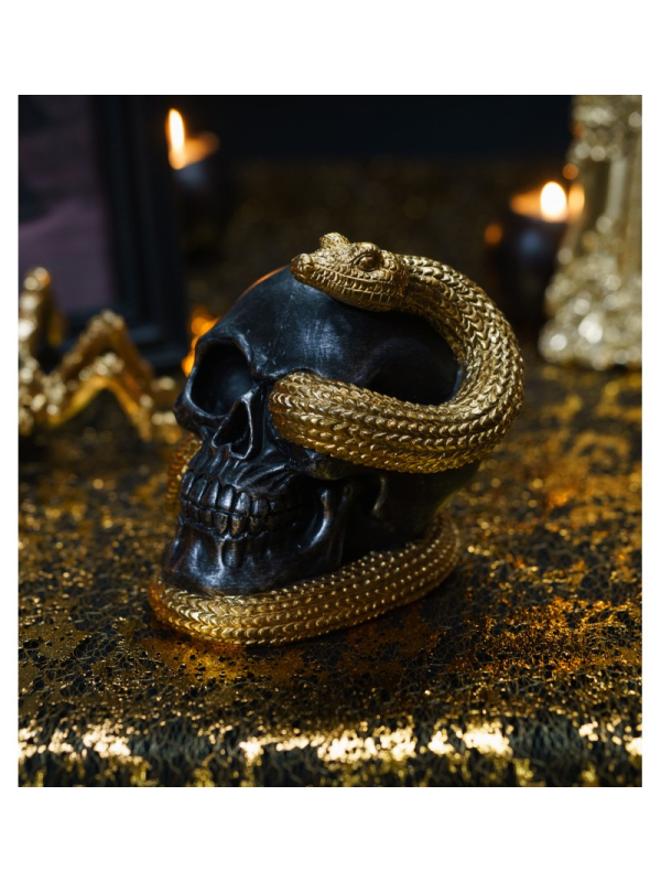 Crâne décoratif noir serpent doré – Déco Halloween chic et intrigante