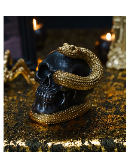 Crâne décoratif noir serpent doré – Déco Halloween chic et intrigante
