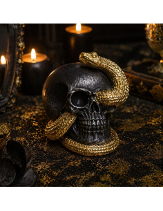 Crâne décoratif noir serpent doré – Déco Halloween chic et intrigante