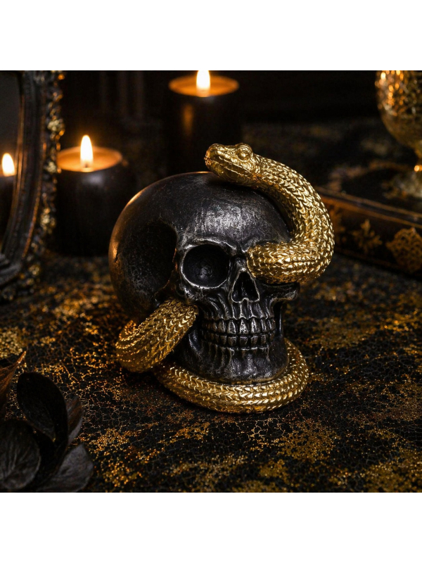 Crâne décoratif noir serpent doré – Déco Halloween chic et intrigante