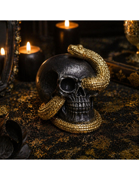 Crâne décoratif noir serpent doré – Déco Halloween chic et intrigante