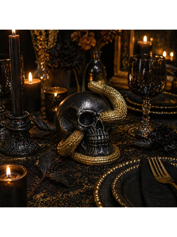 Crâne décoratif noir serpent doré – Déco Halloween chic et intrigante
