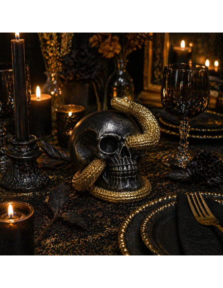 Crâne décoratif noir serpent doré – Déco Halloween chic et intrigante