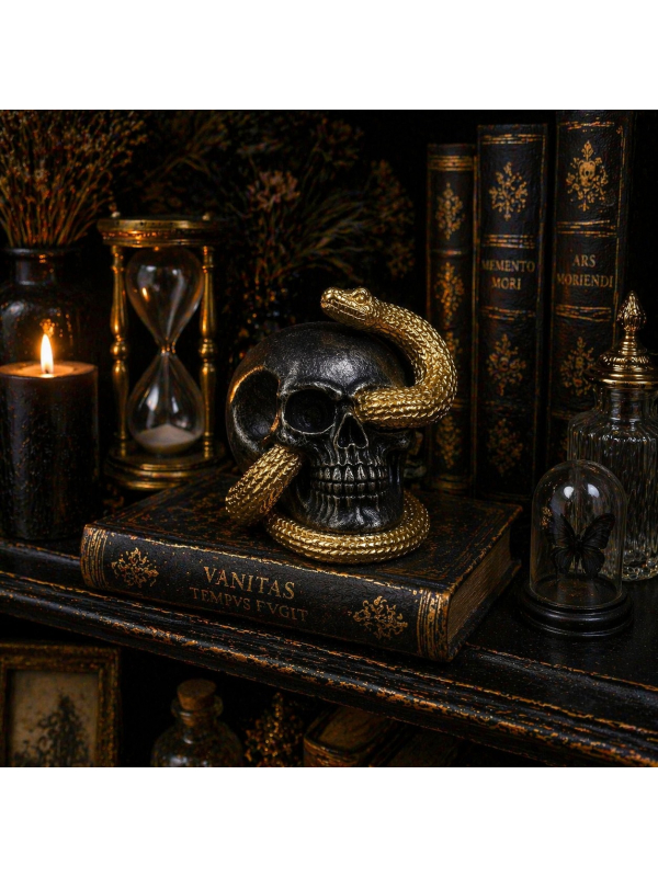 Crâne décoratif noir serpent doré – Déco Halloween chic et intrigante