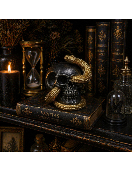 Crâne décoratif noir serpent doré – Déco Halloween chic et intrigante