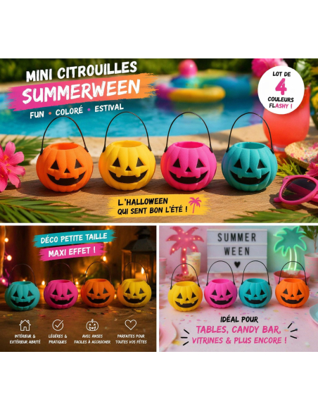 Lot de 4 mini citrouilles Halloween colorées Summerween avec anses