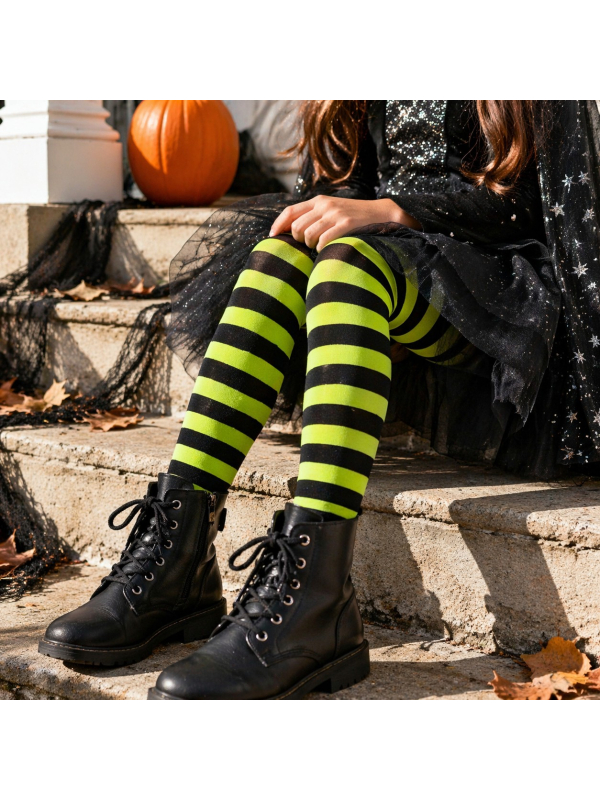 Collant rayé noir et vert enfant – Collant Halloween sorcière, abeille, clown