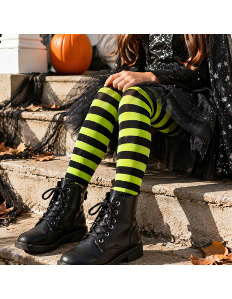 Collant rayé noir et vert enfant – Collant Halloween sorcière, abeille, clown