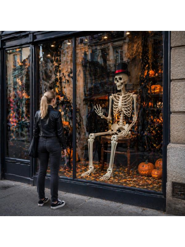 Squelette articulé géant Halloween (212 cm – squelette réaliste modulable), vitrine