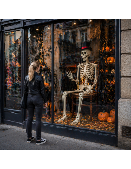 Squelette articulé géant Halloween (212 cm – squelette réaliste modulable), vitrine