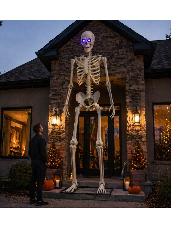 Squelette Géant 317,5 cm avec Yeux LED – Décoration Halloween XXL sur Socle Métal