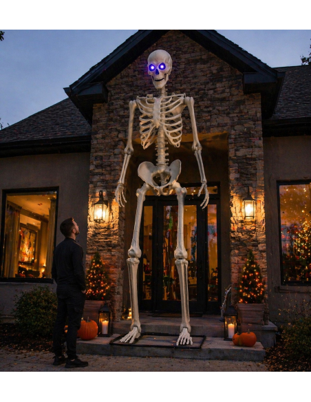 Squelette Géant 317,5 cm avec Yeux LED – Décoration Halloween XXL sur Socle Métal