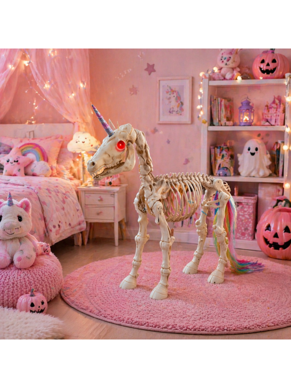 Squelette de Licorne Animée Halloween – Yeux LED Rouges, Son et Corps Articulé 94 cm