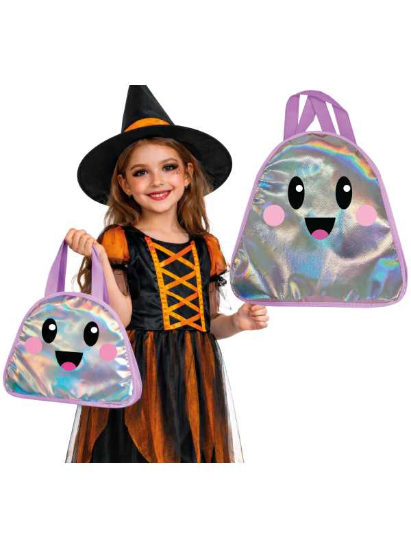 Sac Halloween enfant fantôme métallisé holographique 31 cm – sac à bonbons girly