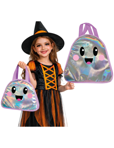 Sac Halloween enfant fantôme métallisé holographique 31 cm – sac à bonbons girly