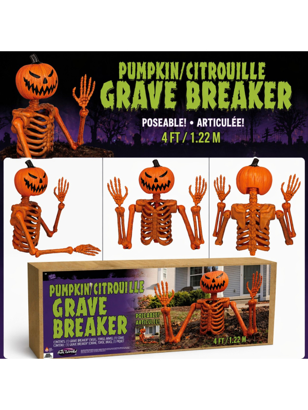 Squelette Citrouille Surgissant de la Tombe – Décoration Halloween Effrayante 122 cm
