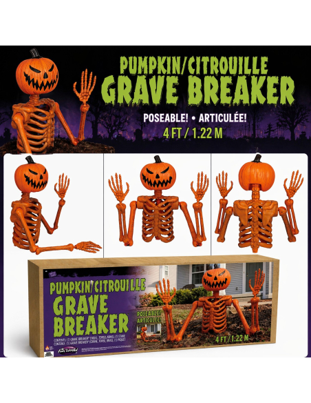 Squelette Citrouille Surgissant de la Tombe – Décoration Halloween Effrayante 122 cm