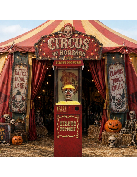 Automate Clown Popcorn Halloween 1,75 m – Animatronic Terrifiant