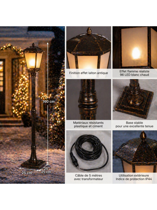 Lampadaire LED Effet Flamme 160 cm – Lanterne Extérieure Décoration Noël & Jardin