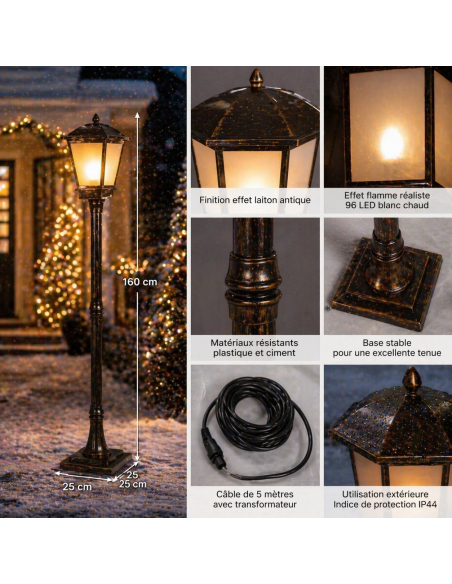 Lampadaire LED Effet Flamme 160 cm – Lanterne Extérieure Décoration Noël & Jardin