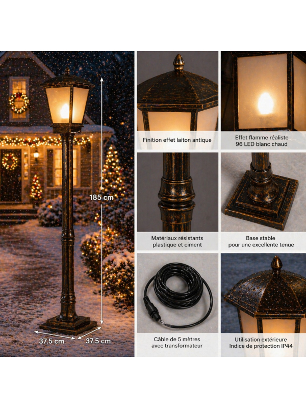 Lampadaire LED Effet Flamme 185 cm – Grande Lanterne Extérieure Noël & Décoration Jardin