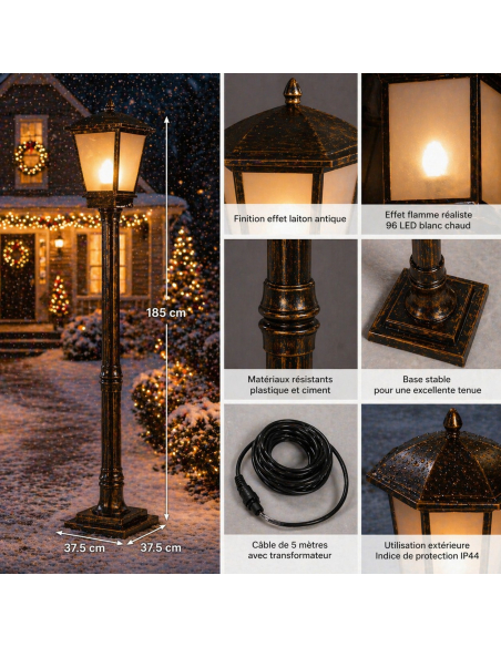 Lampadaire LED Effet Flamme 185 cm – Grande Lanterne Extérieure Noël & Décoration Jardin