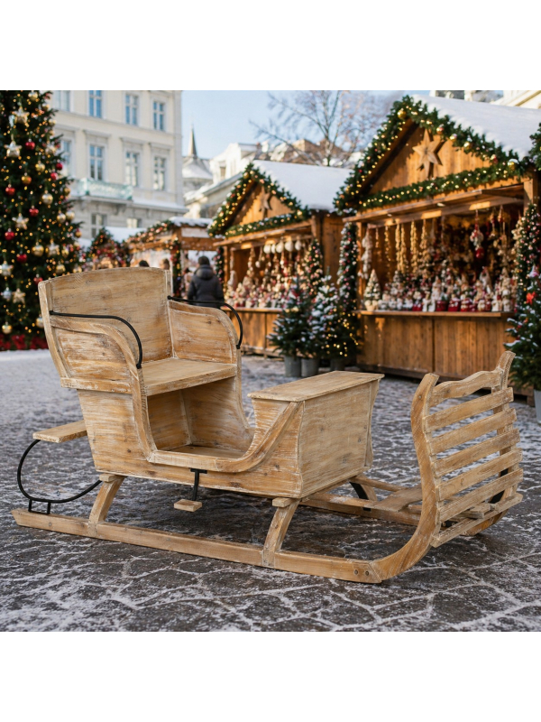 Traîneau du Père Noël en Bois 175 cm avec Assise – Décoration et Photo Noël