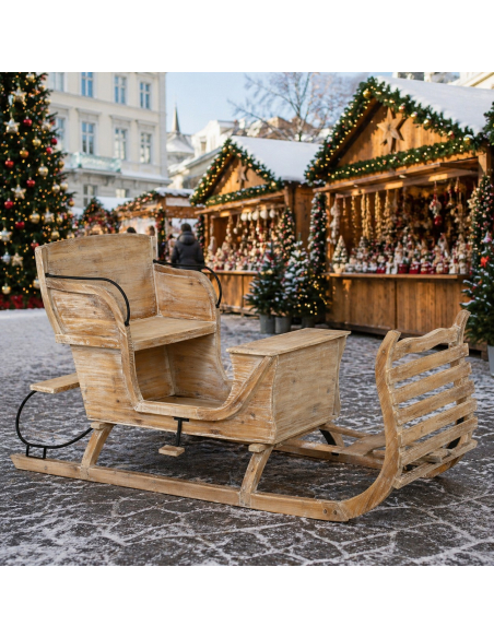 Traîneau du Père Noël en Bois 175 cm avec Assise – Décoration et Photo Noël