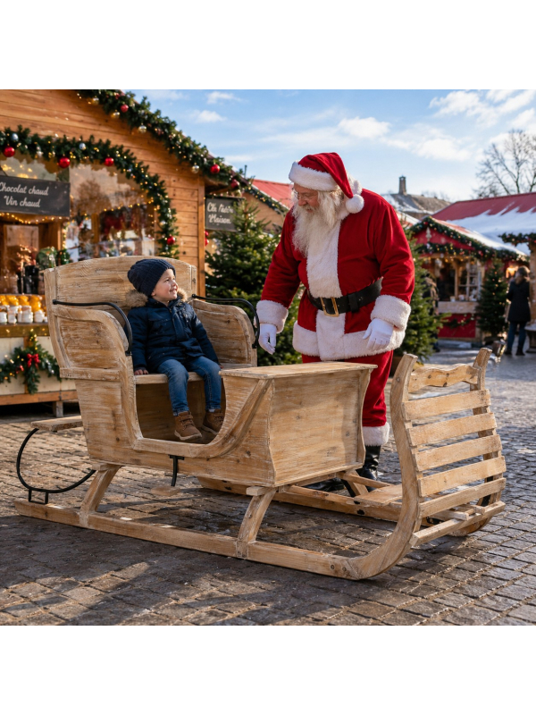 Traîneau du Père Noël en Bois 175 cm avec Assise – Décoration et Photo Noël