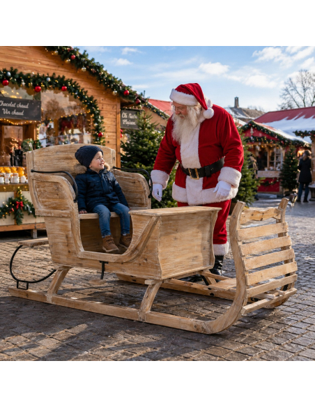 Traîneau du Père Noël en Bois 175 cm avec Assise – Décoration et Photo Noël