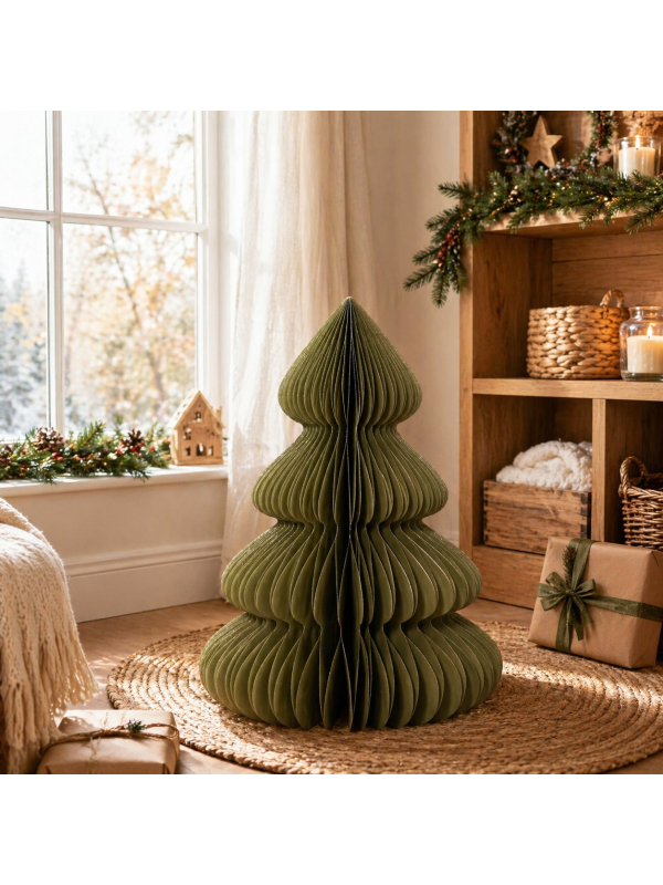 Sapin de Noël papier vert 90 cm – Fermeture magnétique & paillettes champagne FSC