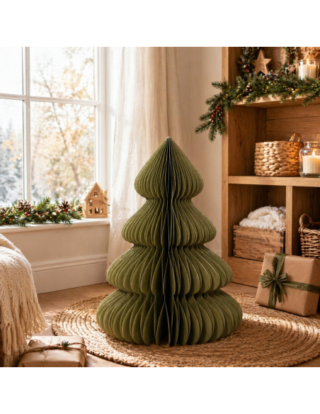 Sapin de Noël papier vert 90 cm – Fermeture magnétique & paillettes champagne FSC