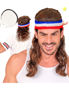 Bandeau Tricolore avec Perruque Années 80 – Accessoire Supporter France & Tennis Humoristique