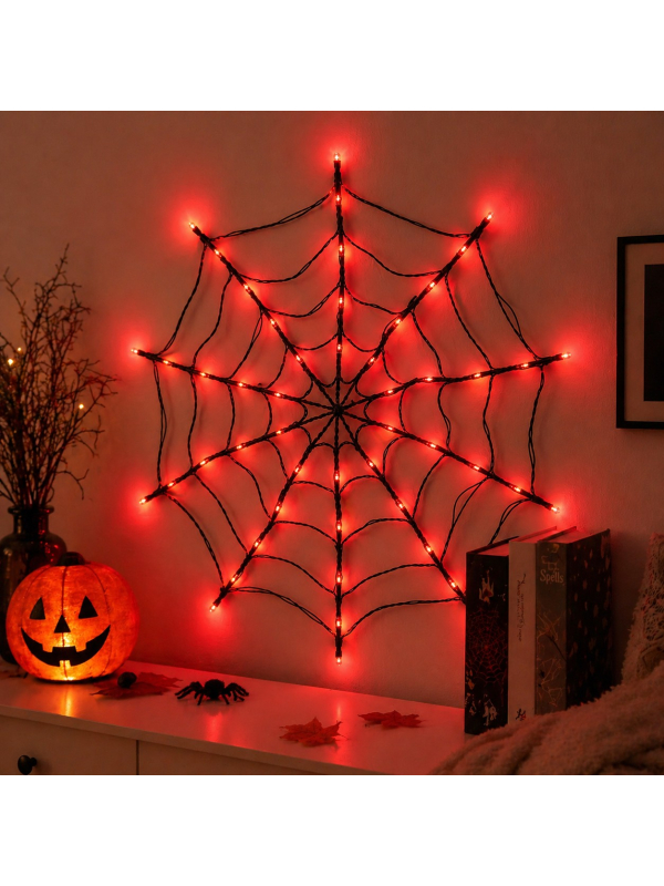 Toile d’araignée lumineuse LED rouge 1 m – Décoration Halloween murale