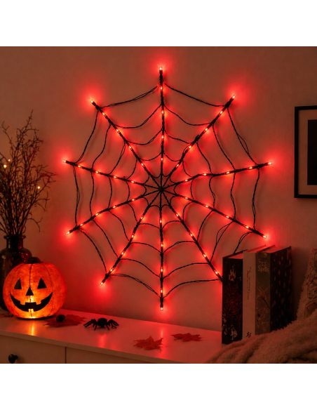 Toile d’araignée lumineuse LED rouge 1 m – Décoration Halloween murale