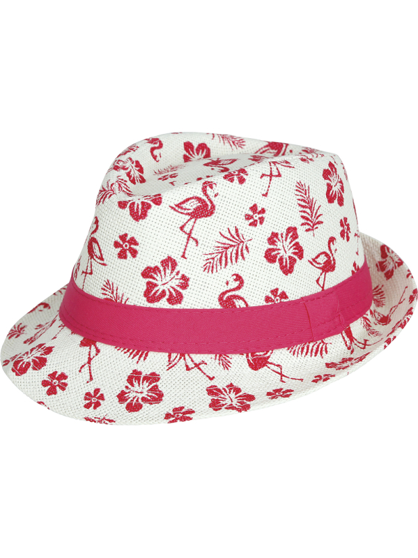 Chapeau enfant flamant rose – Fedora tropical blanc et rose pour été, vacances et fête hawaï