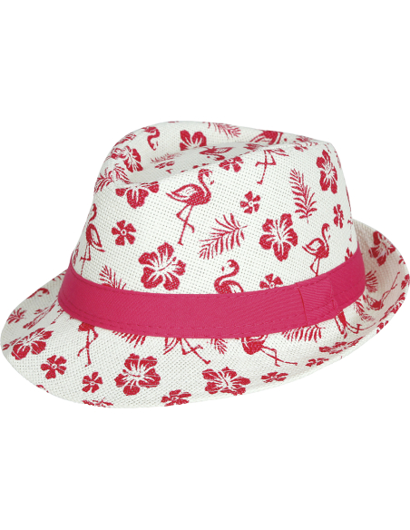 Chapeau enfant flamant rose – Fedora tropical blanc et rose pour été, vacances et fête hawaï
