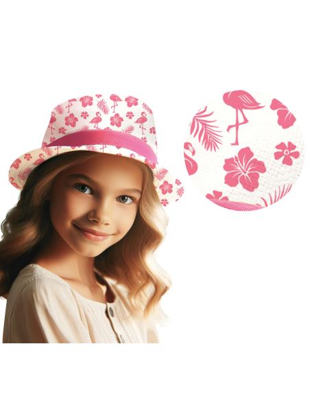 Chapeau enfant flamant rose – Fedora tropical blanc et rose pour été, vacances et fête hawaï