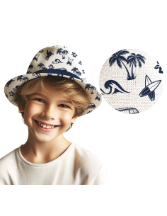 Chapeau enfant garçon motif surf – Fedora tropical blanc et bleu pour été, vacances et fête hawaï