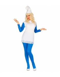 Déguisement femme petit personnage bleu – Costume humoristique avec chapeau, robe et pantalon