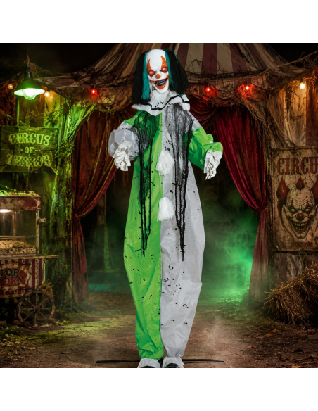 Automate clown géant Halloween son, lumière et mouvement (255 cm)
