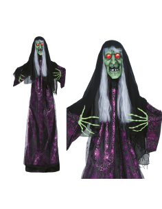 Automate sorcière Halloween familiale avec son, lumière et mouvement (185 cm)