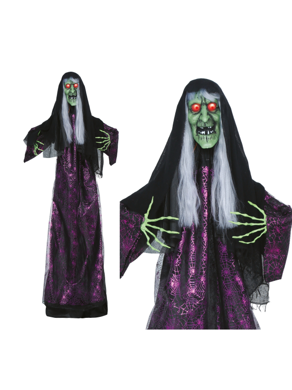 Automate sorcière Halloween familiale avec son, lumière et mouvement (185 cm)