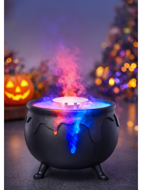Chaudron de sorcière fumant avec lumière – Décoration Halloween 14 x 11 cm