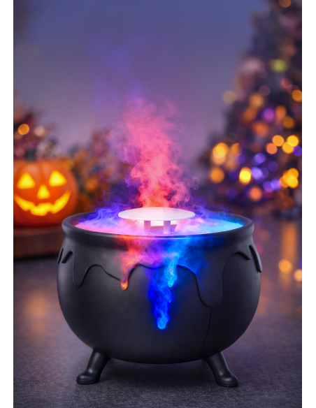 Chaudron de sorcière fumant avec lumière – Décoration Halloween 14 x 11 cm
