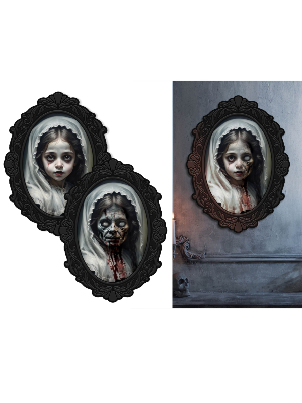 Tableau mural Halloween fillette hantée – Portrait qui change selon l’angle 35 x 48 cm