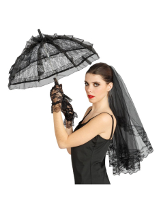 Kit dentelle Veuve Noire 3 pièces – Ombrelle, voile et gants noirs pour Halloween