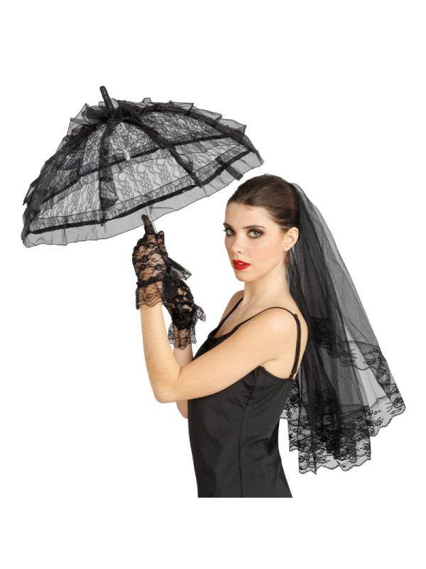 Kit dentelle Veuve Noire 3 pièces – Ombrelle, voile et gants noirs pour Halloween